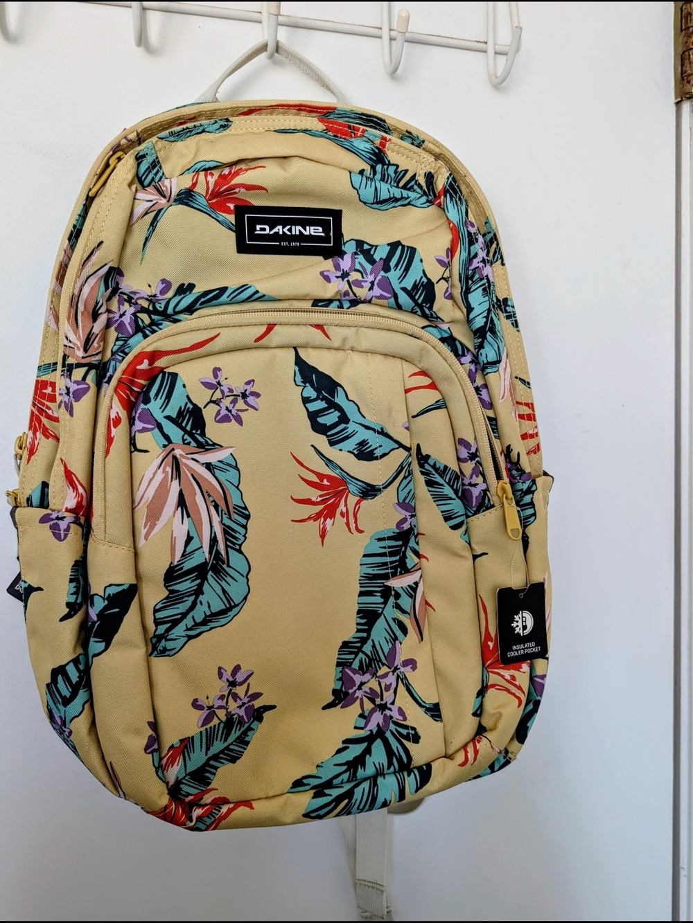 Dakine Tan Floral Tropical Backpack with Teal and Red Accents